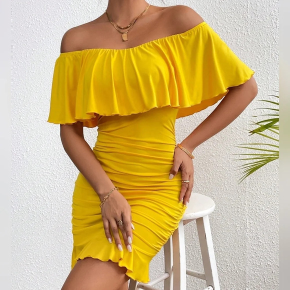 Women Off Shoulder Ruffle Hem Bodycon Dress - Picture 1 of 4